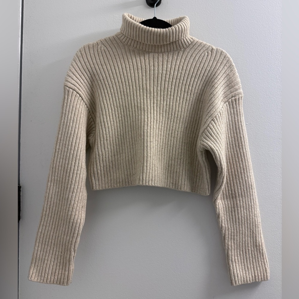 Beige Ribbed Turtleneck Sweater